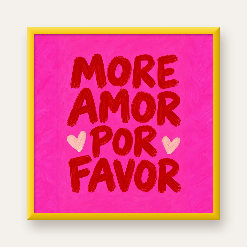 MORE AMOR POR FAVOR Renkli Kalp Desenli Poster — sarı çerçeveli