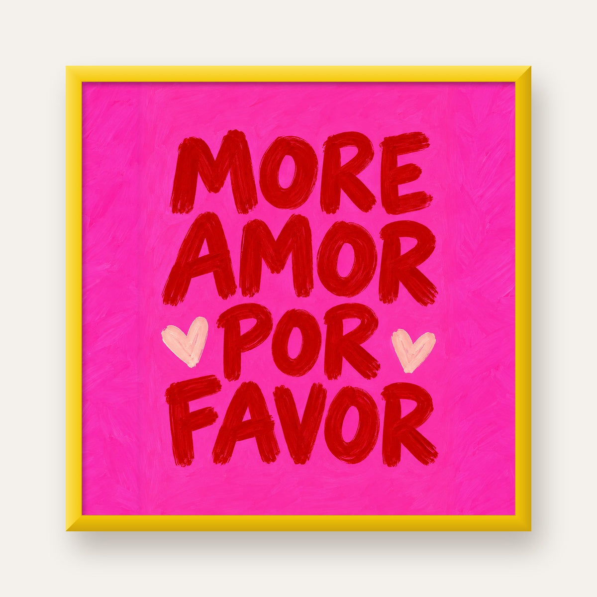 MORE AMOR POR FAVOR Renkli Kalp Desenli Poster — sarı çerçeveli