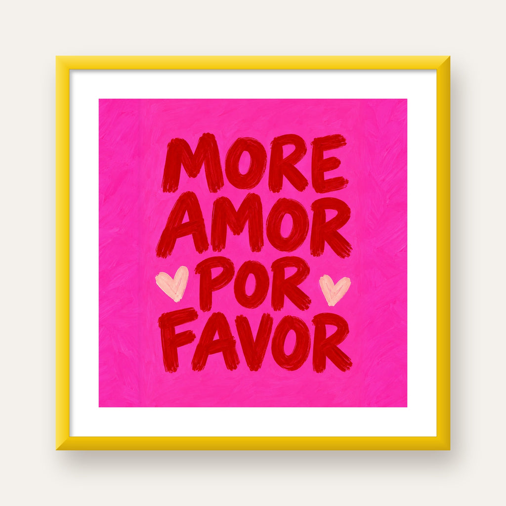 MORE AMOR POR FAVOR Renkli Kalp Desenli Poster — sarı çerçeveli paspartulu