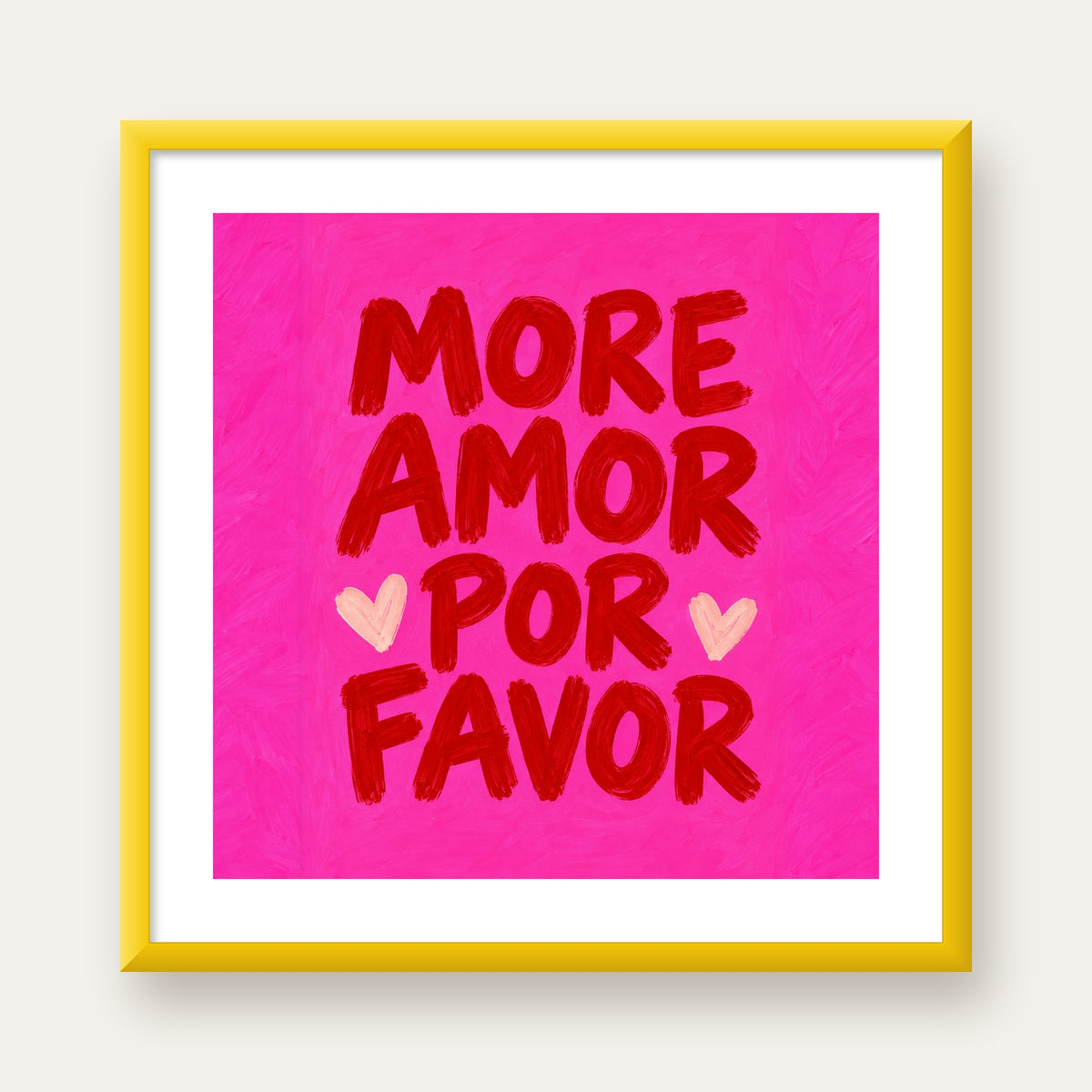 MORE AMOR POR FAVOR Renkli Kalp Desenli Poster — sarı çerçeveli paspartulu