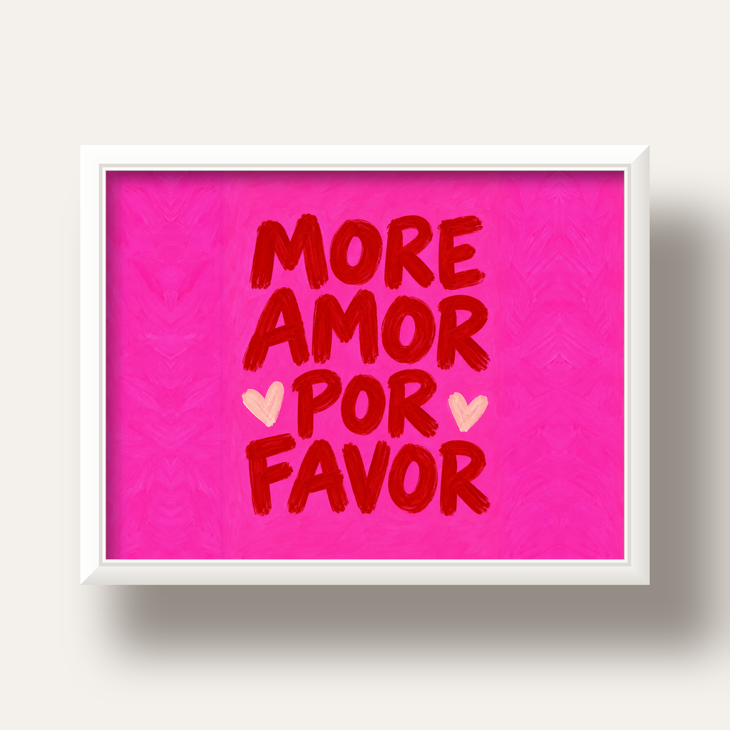 MORE AMOR POR FAVOR Renkli Kalp Desenli Poster — beyaz derin çerçeveli
