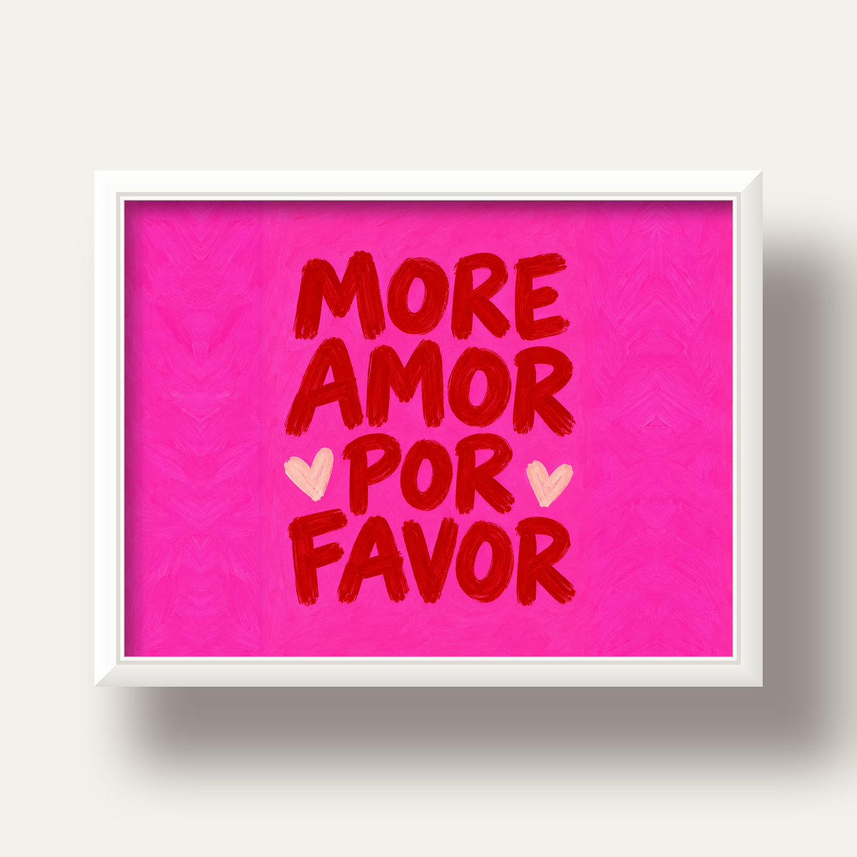 MORE AMOR POR FAVOR Renkli Kalp Desenli Poster — beyaz derin çerçeveli