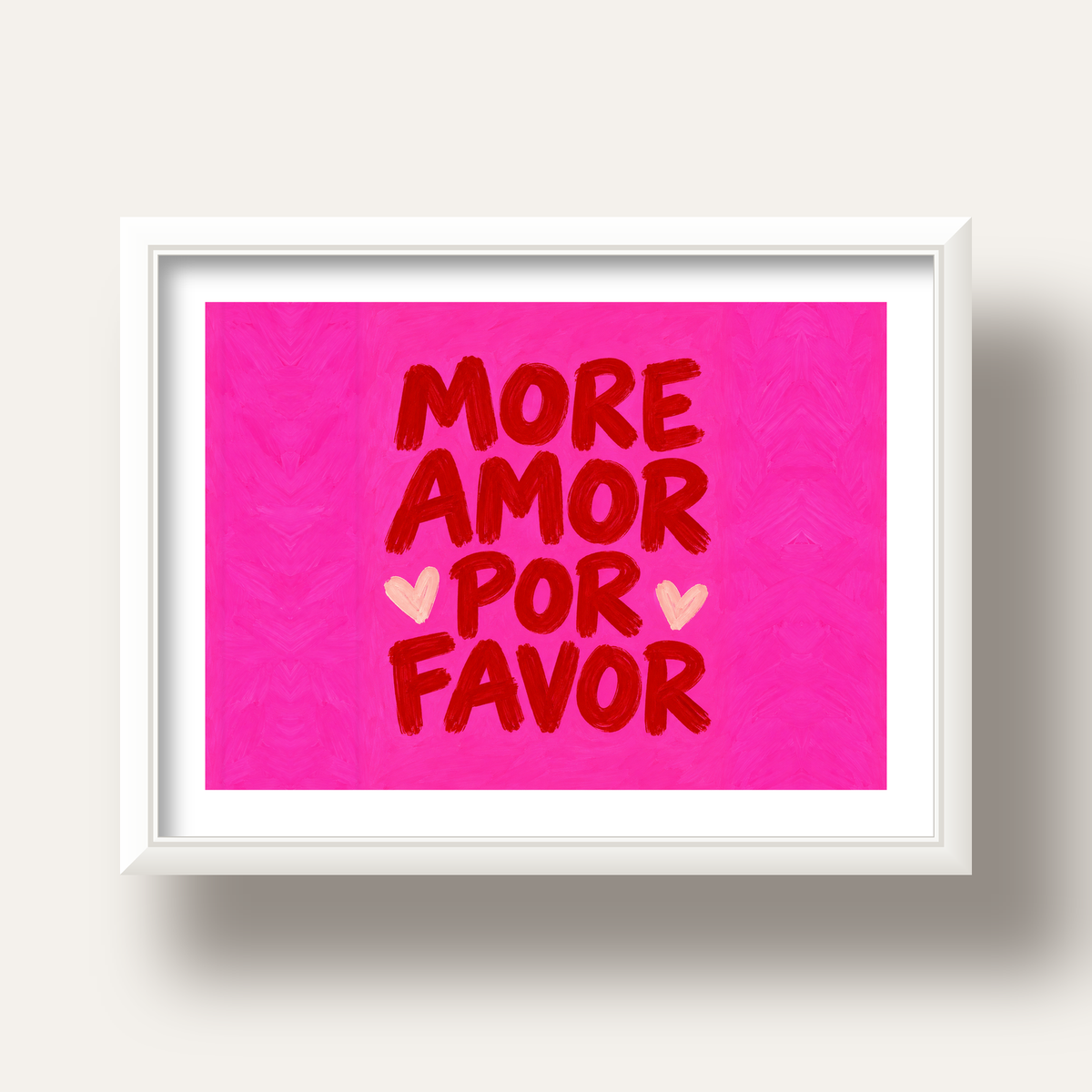 MORE AMOR POR FAVOR Renkli Kalp Desenli Poster — beyaz derin çerçeveli paspartulu