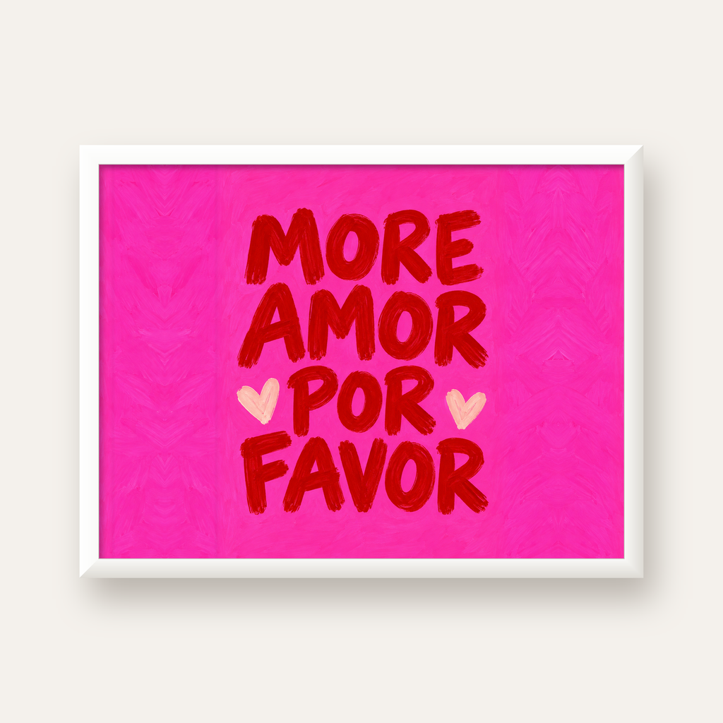 MORE AMOR POR FAVOR Renkli Kalp Desenli Poster — beyaz çerçeveli yatay poster