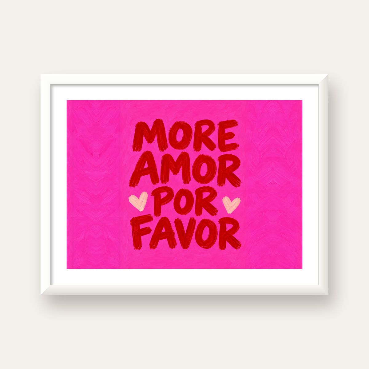 MORE AMOR POR FAVOR Renkli Kalp Desenli Poster — beyaz çerçeveli yatay poster