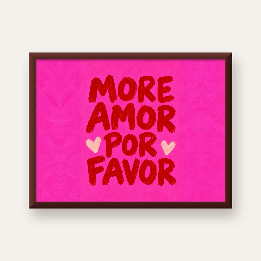 MORE AMOR POR FAVOR Renkli Kalp Desenli Poster — ceviz çerçeveli