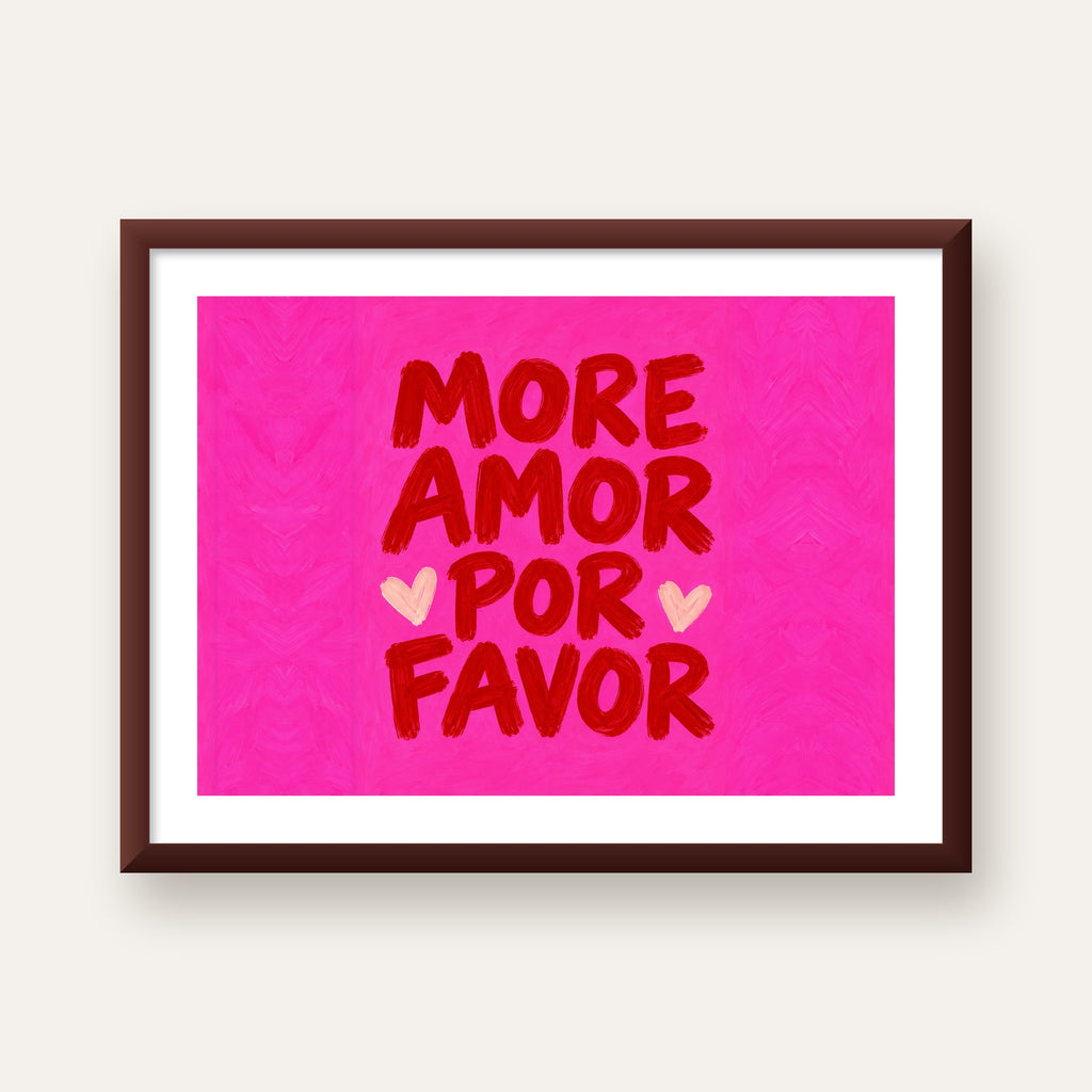 MORE AMOR POR FAVOR Renkli Kalp Desenli Poster — ceviz çerçeveli paspartulu