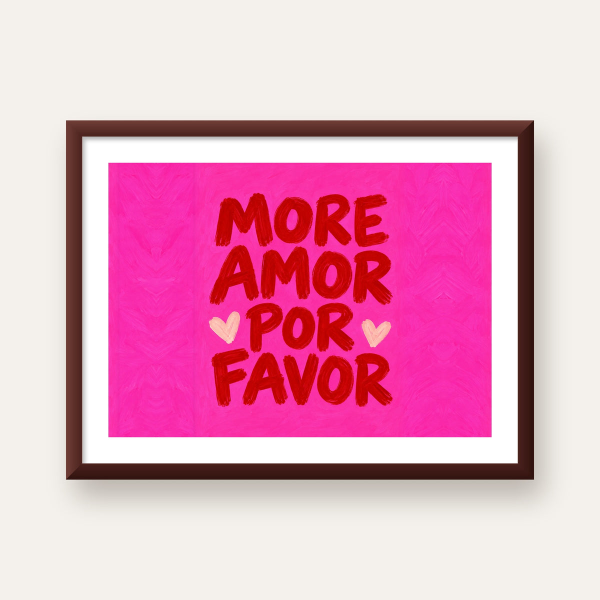MORE AMOR POR FAVOR Renkli Kalp Desenli Poster — ceviz çerçeveli paspartulu