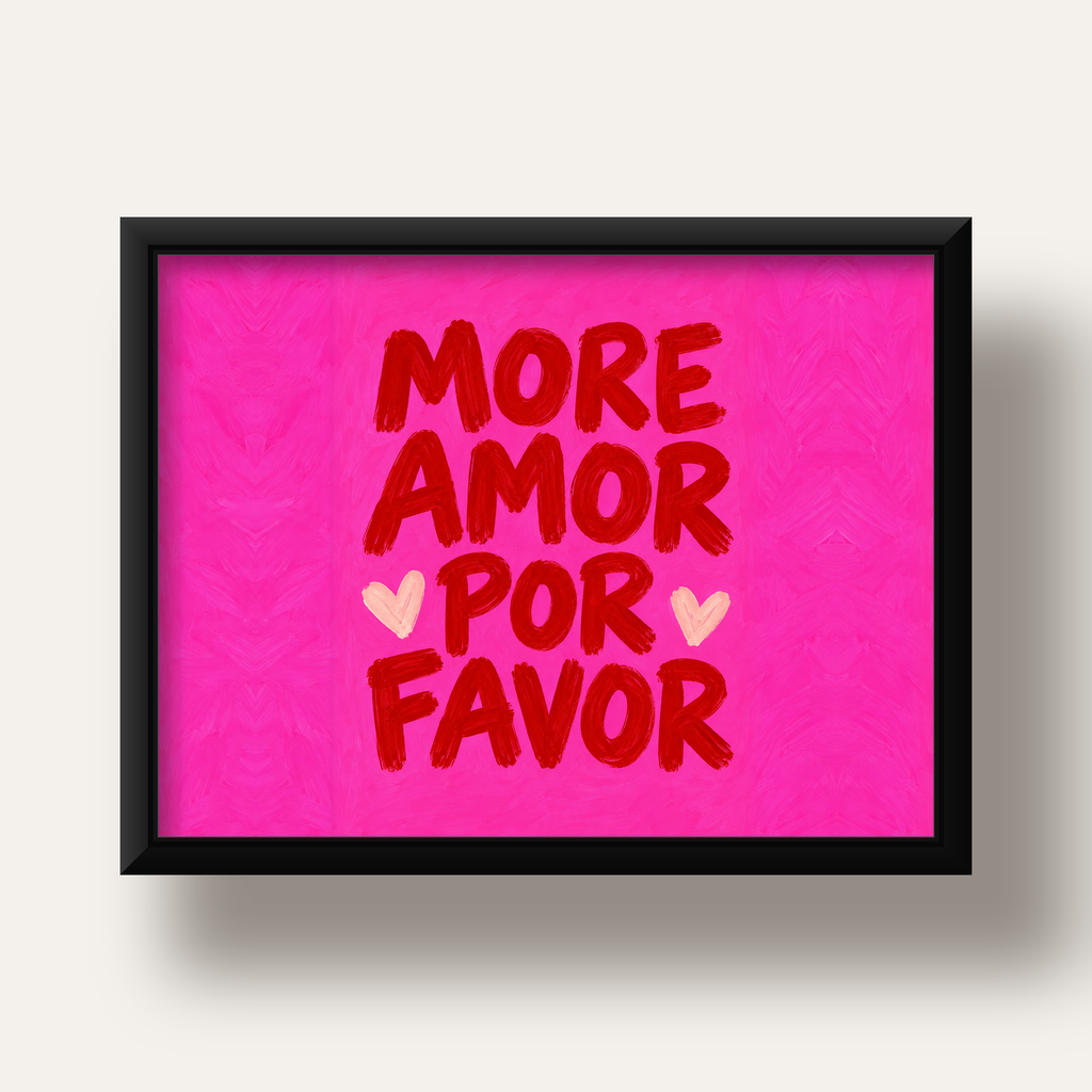 MORE AMOR POR FAVOR Renkli Kalp Desenli Poster — siyah derin çerçeveli