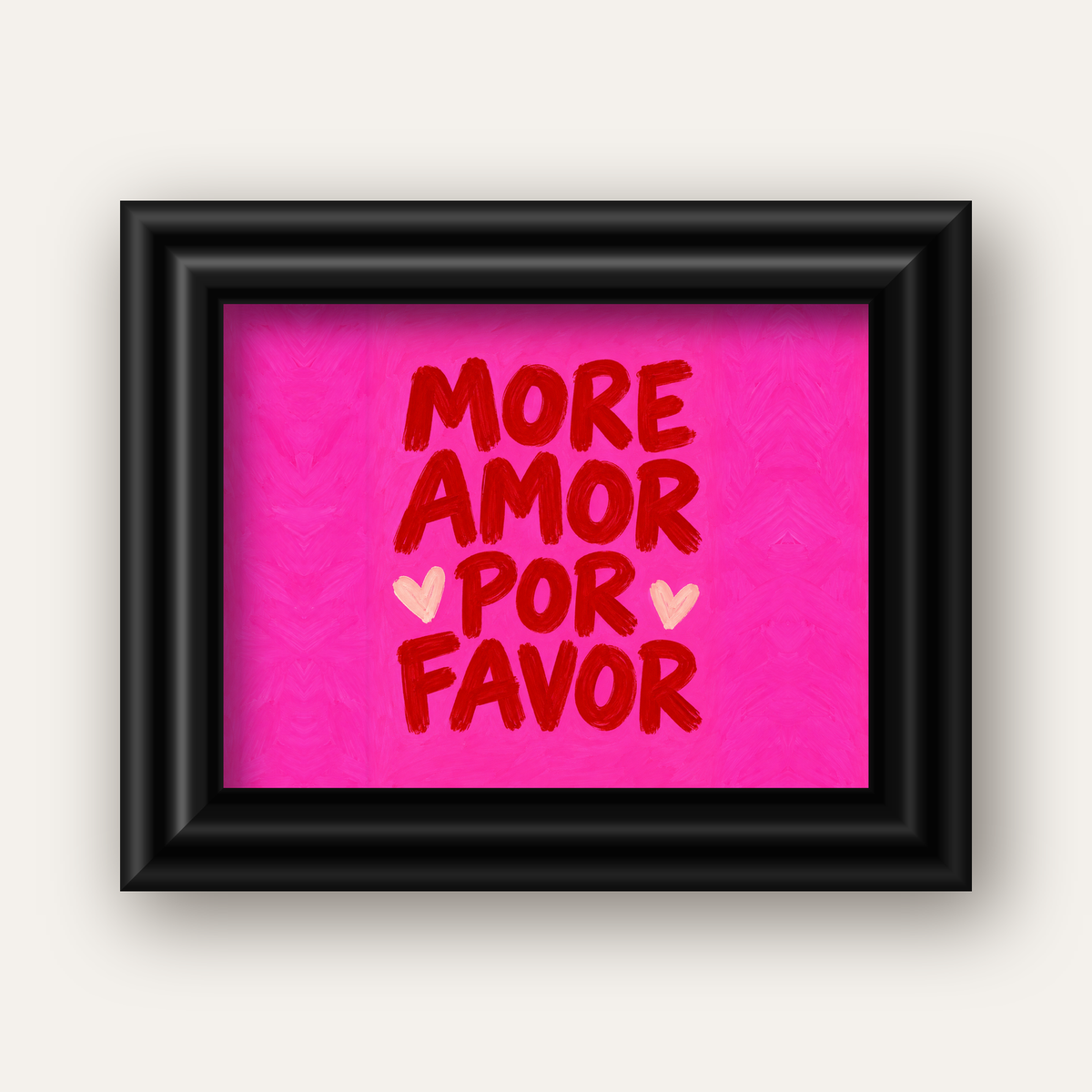 MORE AMOR POR FAVOR Renkli Kalp Desenli Poster — siyah galeri çerçeveli
