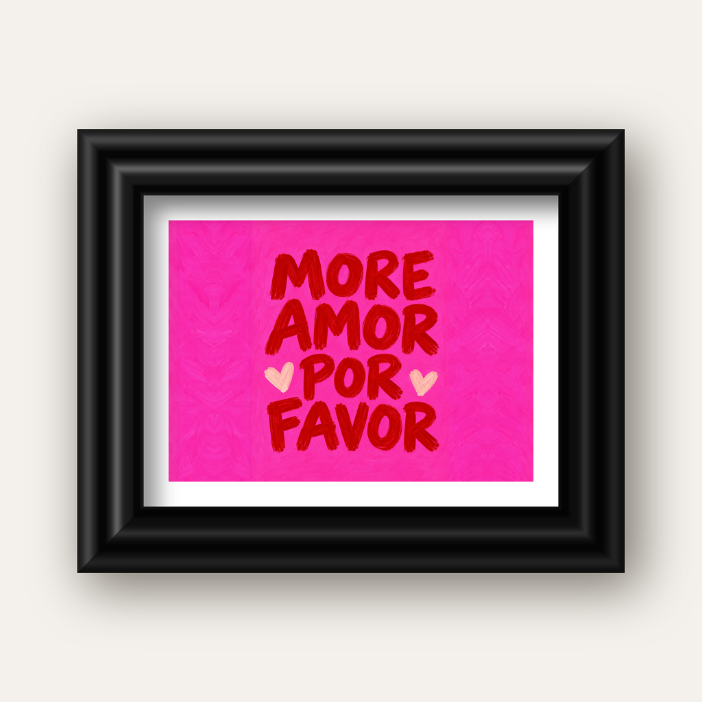 MORE AMOR POR FAVOR Renkli Kalp Desenli Poster — siyah galeri çerçeveli paspartulu