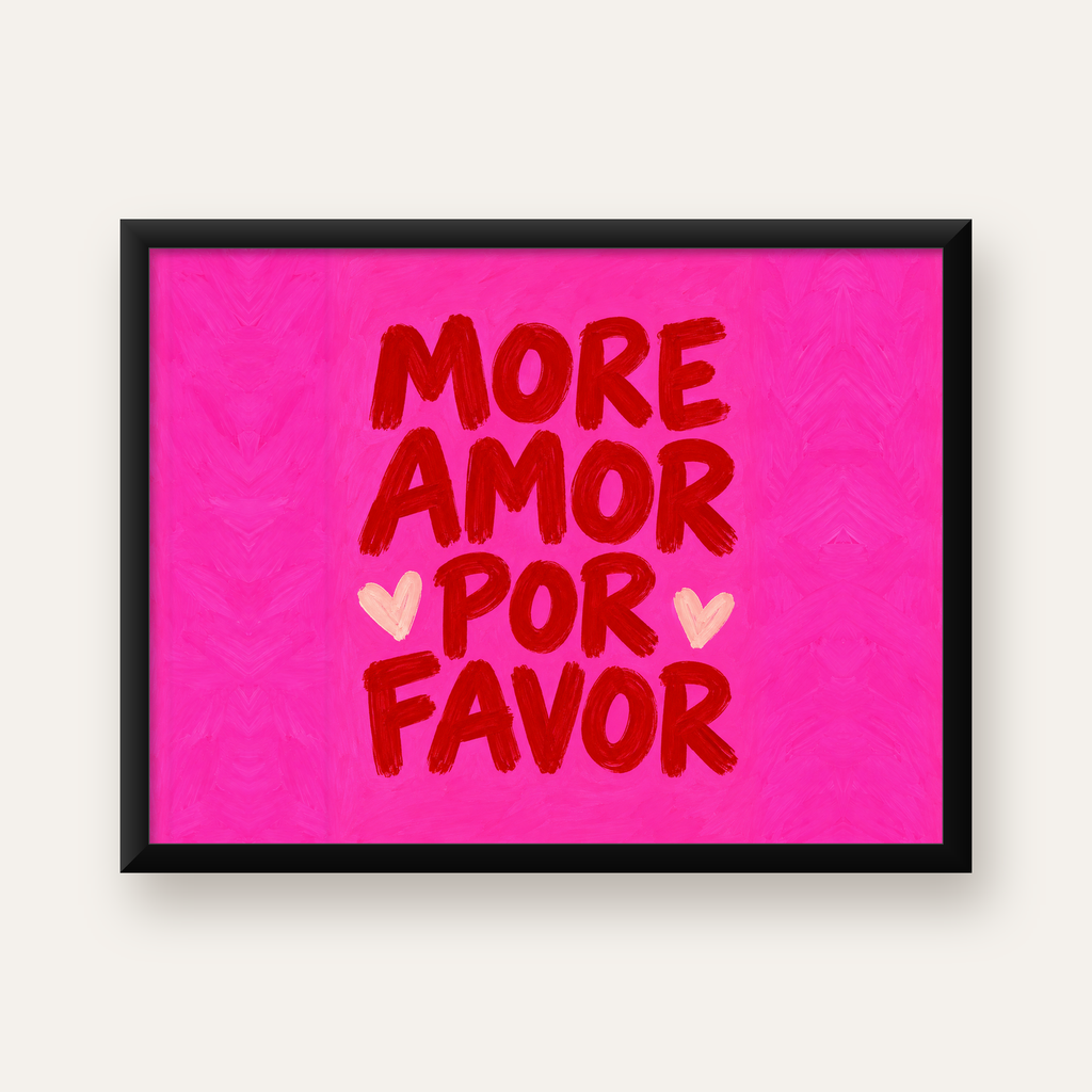 More Amor Por Favor Renkli Tipografik Aşk Posteri — Yatay baskı, düz siyah çerçeveli duvar posteri