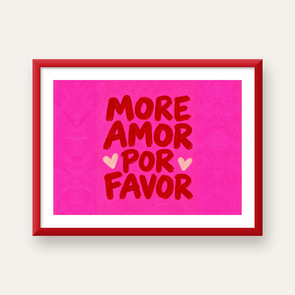 MORE AMOR POR FAVOR Renkli Kalp Desenli Poster — kırmızı çerçeveli paspartulu