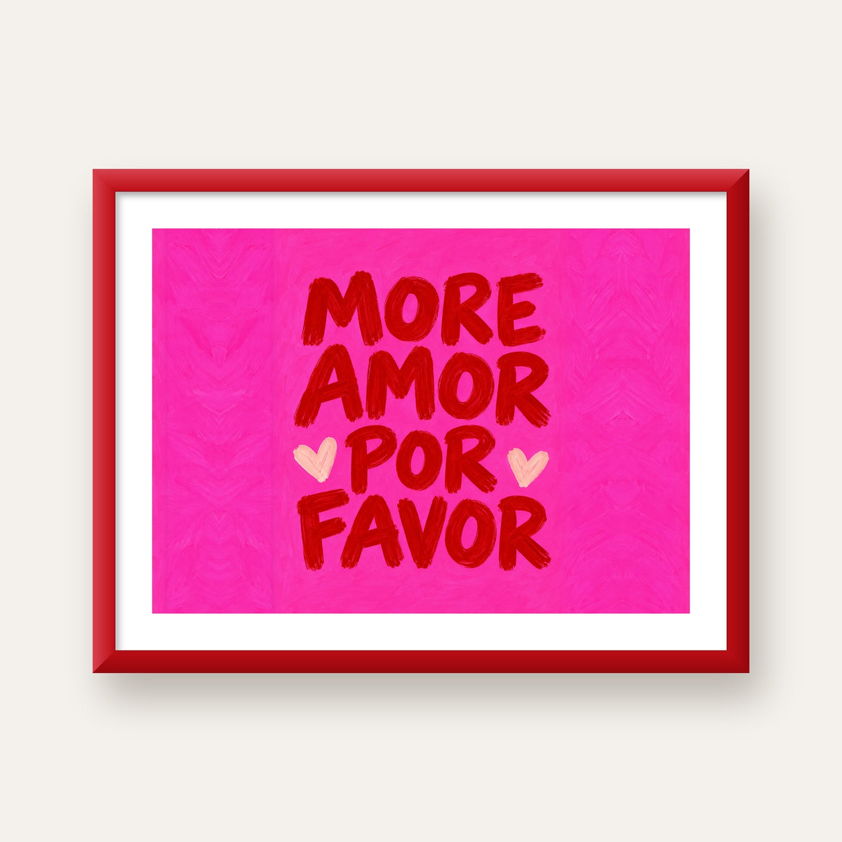 MORE AMOR POR FAVOR Renkli Kalp Desenli Poster — kırmızı çerçeveli paspartulu