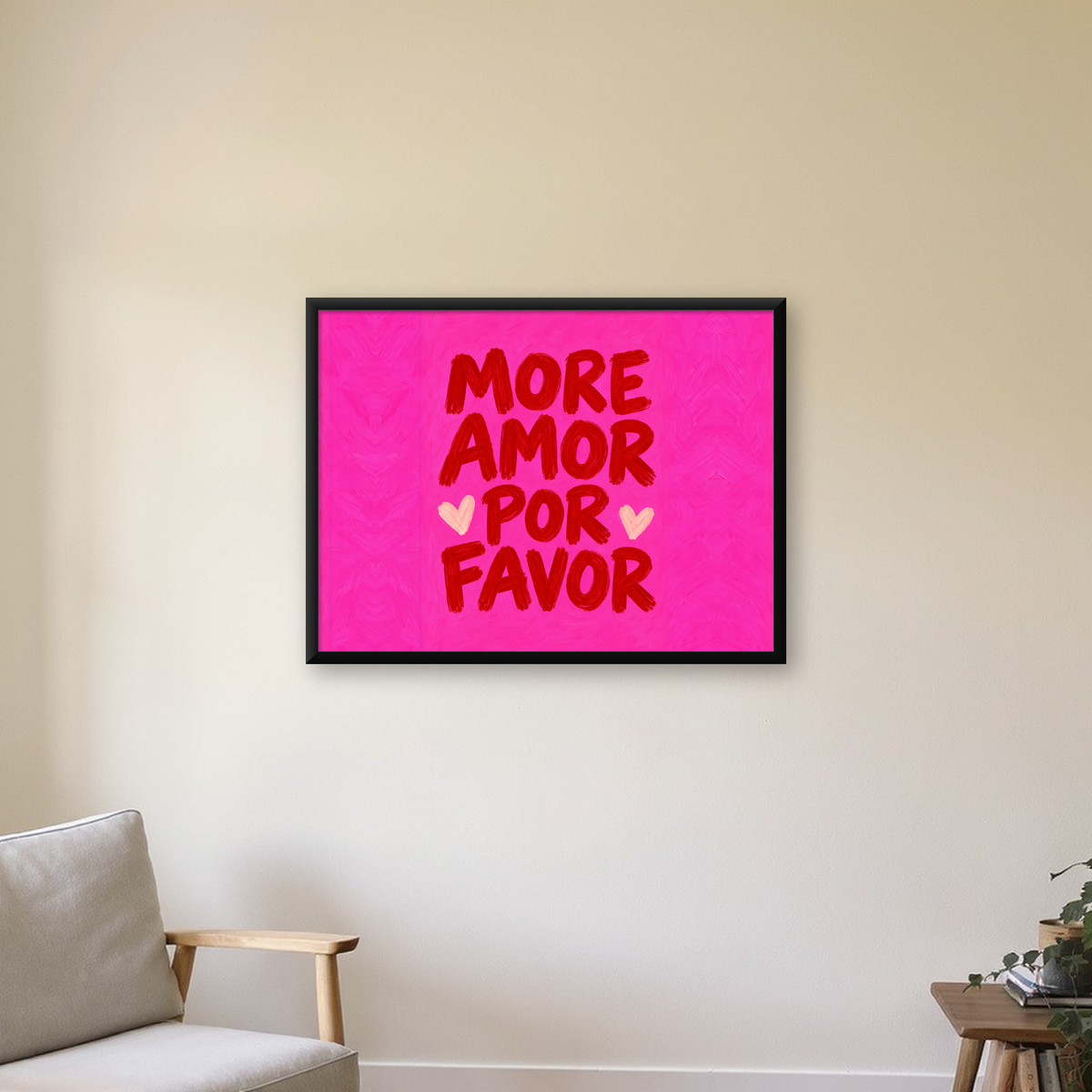More Amor Por Favor Renkli Tipografik Aşk Posteri — Yatay baskı, çerçeveli hâliyle bir ev duvarında