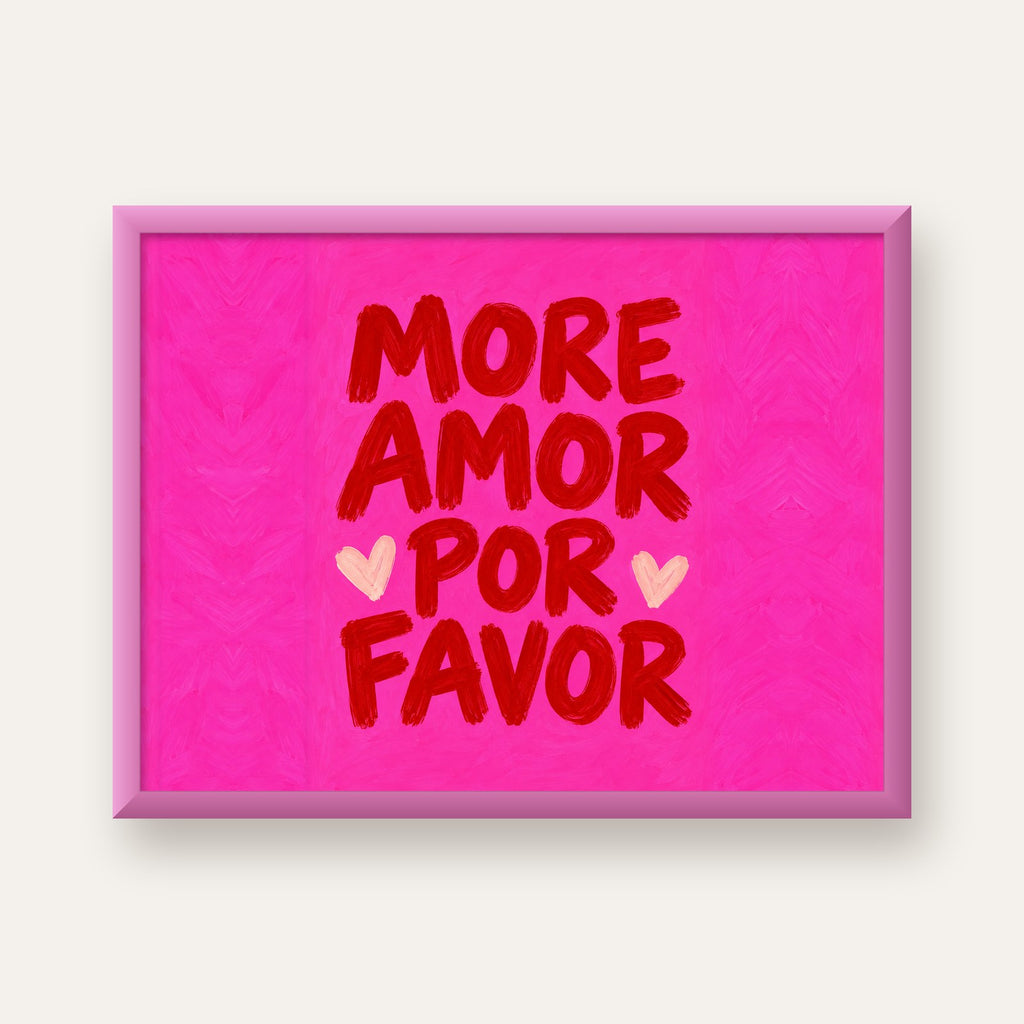 MORE AMOR POR FAVOR Renkli Kalp Desenli Poster — pembe çerçeveli