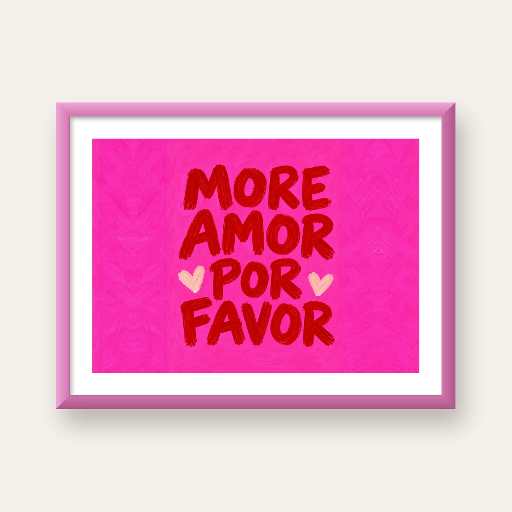 MORE AMOR POR FAVOR Renkli Kalp Desenli Poster — pembe çerçeveli paspartulu