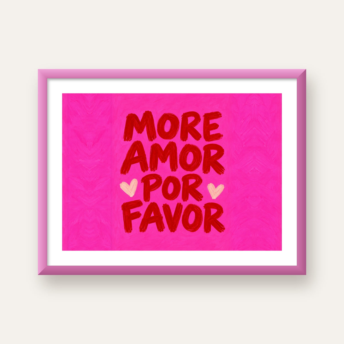 MORE AMOR POR FAVOR Renkli Kalp Desenli Poster — pembe çerçeveli paspartulu