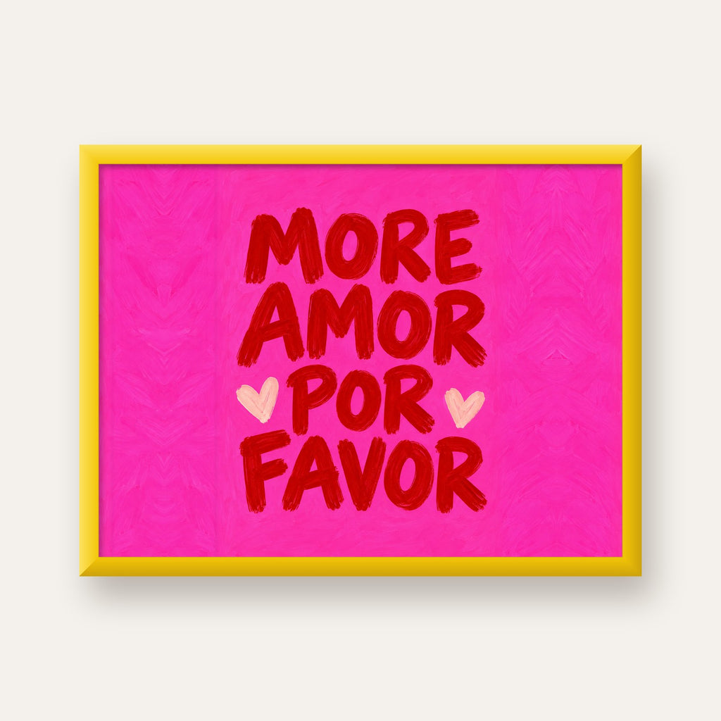 MORE AMOR POR FAVOR Renkli Kalp Desenli Poster — sarı çerçeveli
