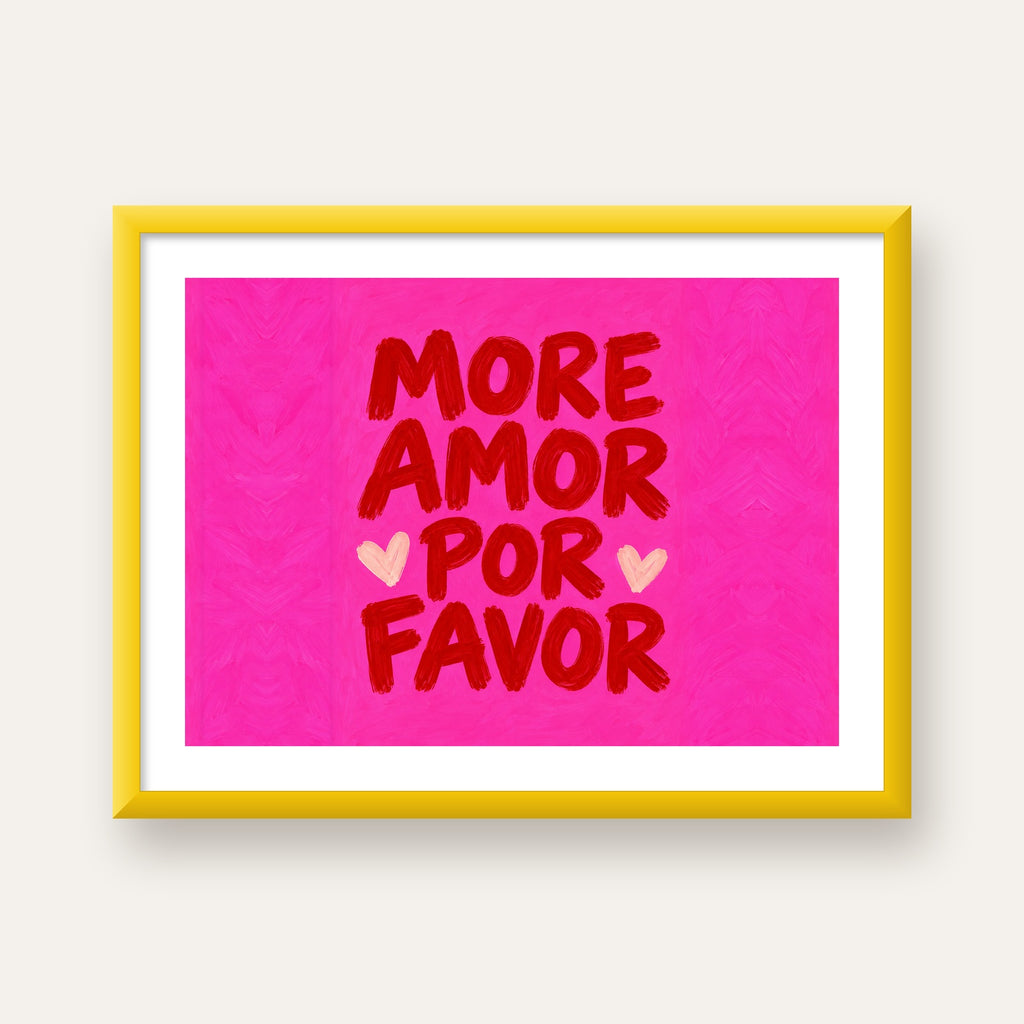 MORE AMOR POR FAVOR Renkli Kalp Desenli Poster — sarı çerçeveli paspartulu