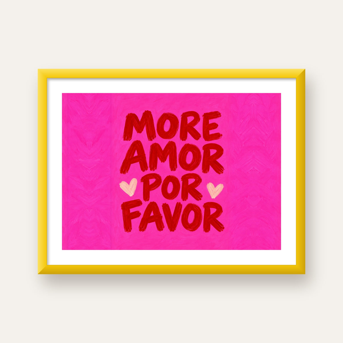 MORE AMOR POR FAVOR Renkli Kalp Desenli Poster — sarı çerçeveli paspartulu