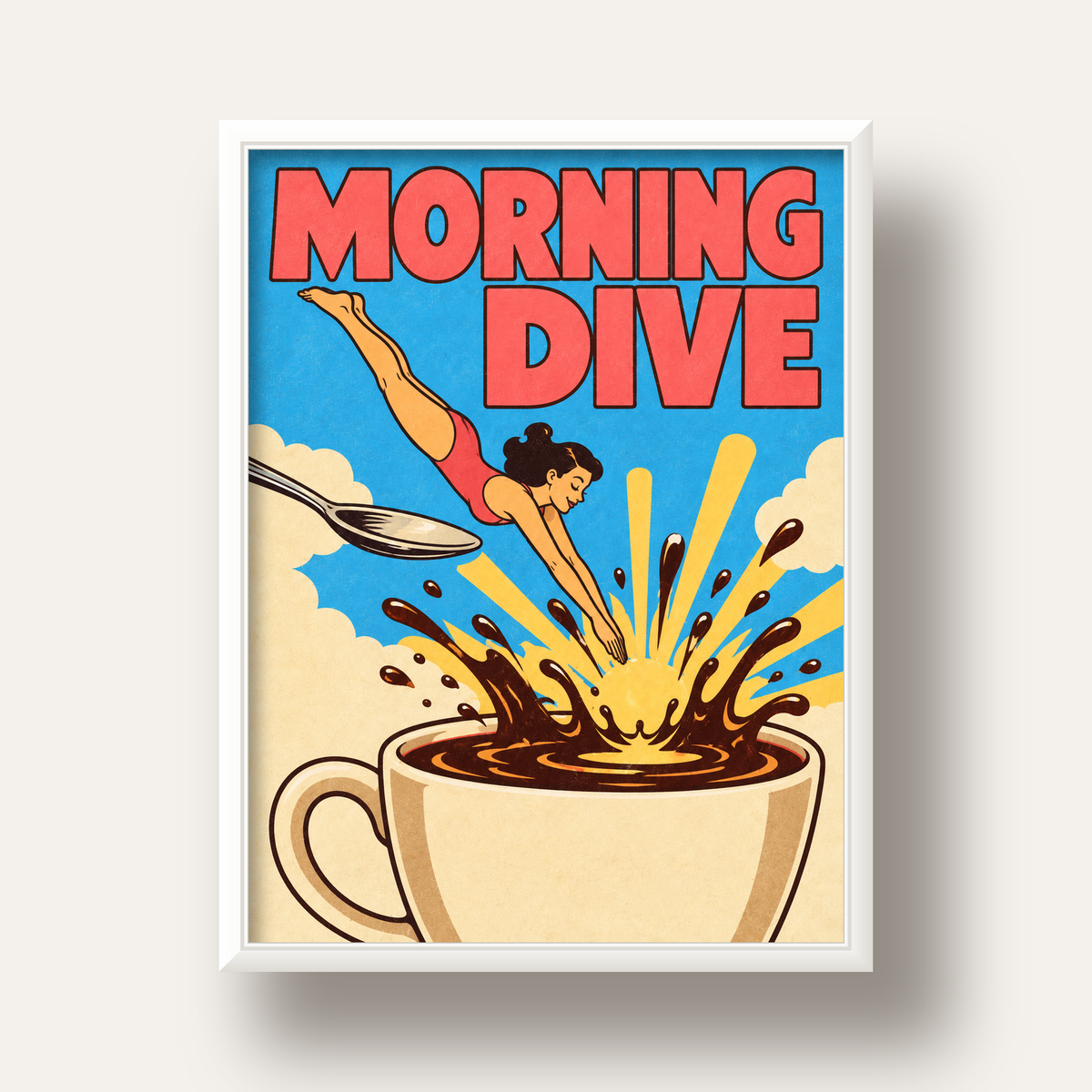 Morning Dive Kahve Fincanına Dalış Pop Art Poster — beyaz derin çerçeveli