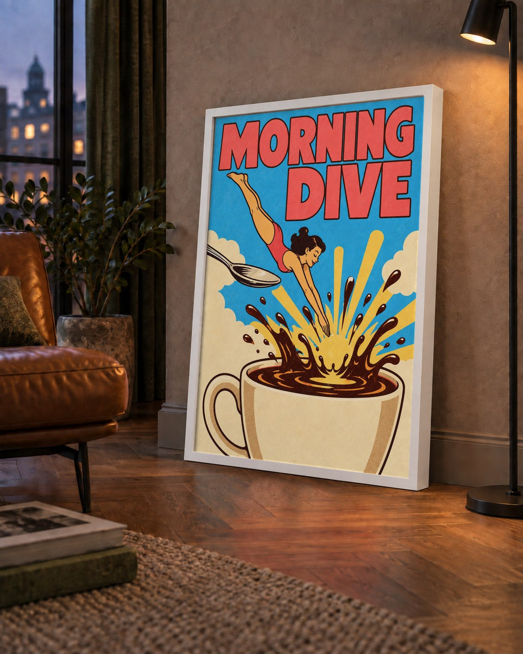 Morning Dive Kahve Fincanına Dalış Pop Art Poster — çerçeveli hâliyle bir ev duvarında