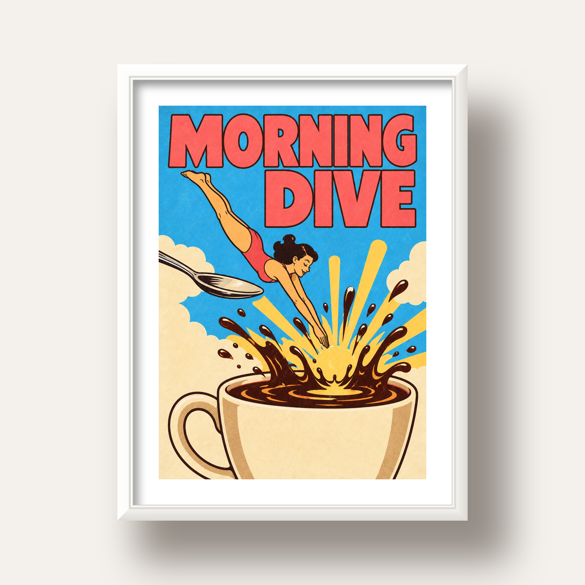 Morning Dive Kahve Fincanına Dalış Pop Art Poster — beyaz derin çerçeveli paspartulu
