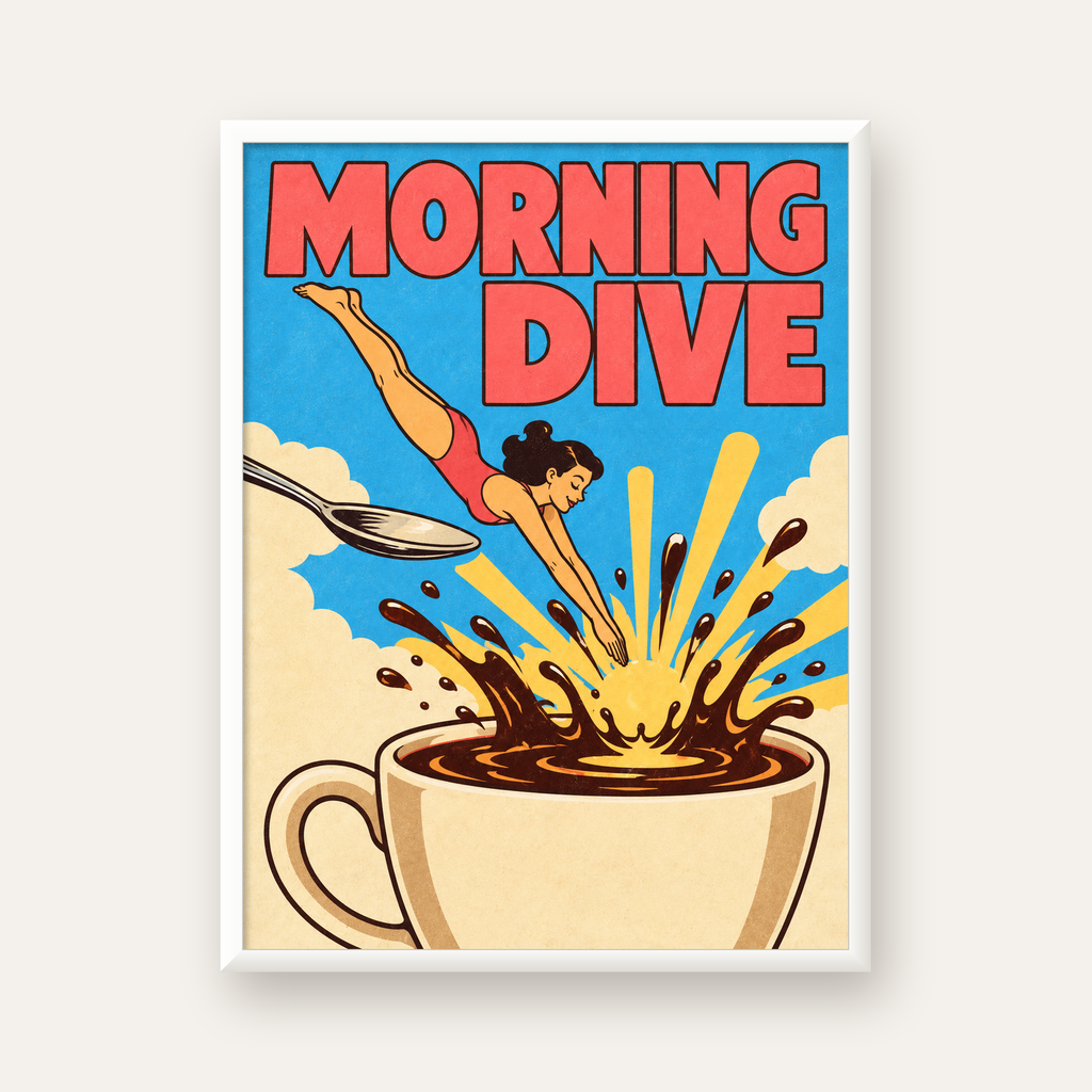 Morning Dive Kahve Fincanına Dalış Pop Art Poster — beyaz çerçeveli dikey poster
