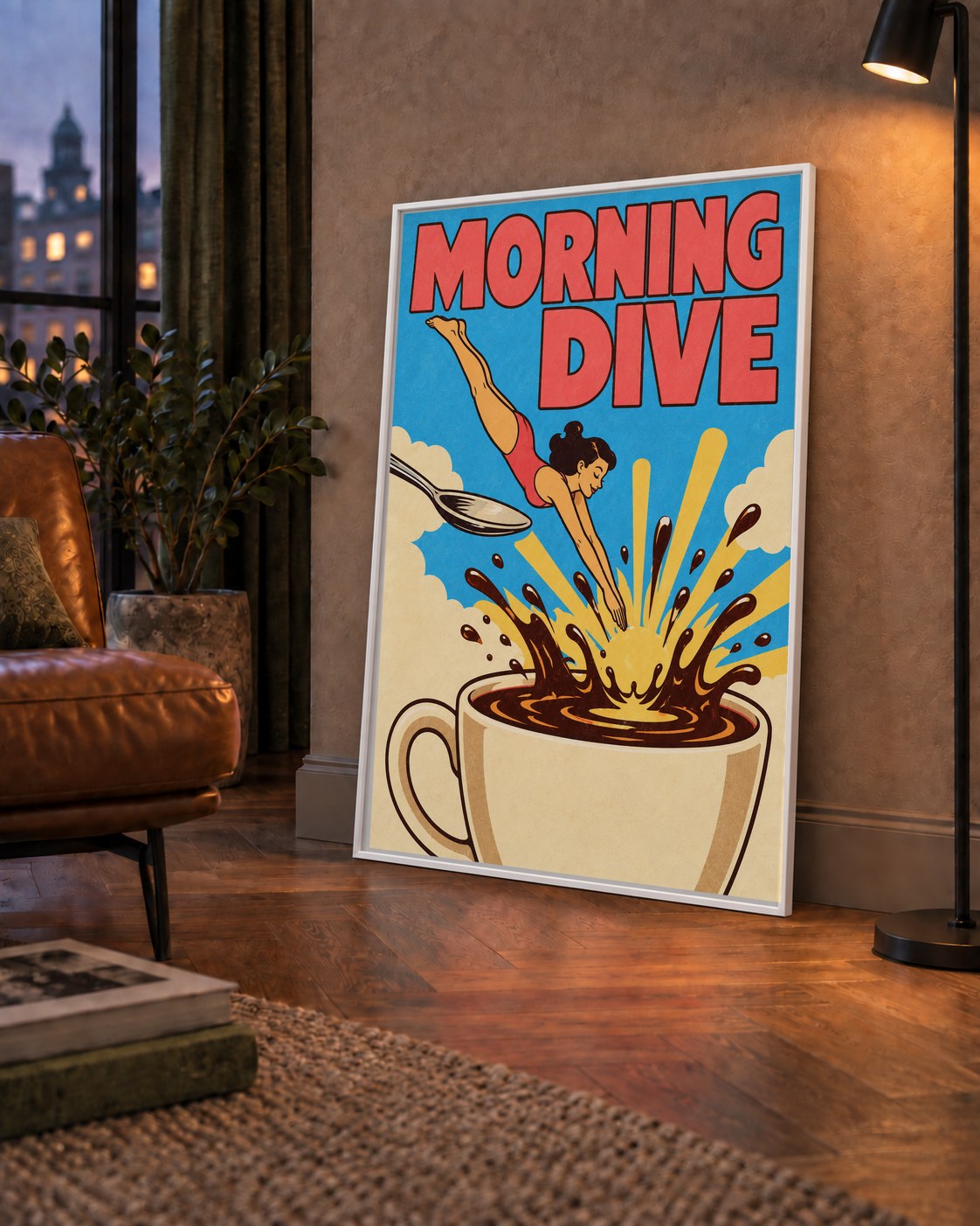 Morning Dive Kahve Fincanına Dalış Pop Art Poster — çerçeveli hâliyle bir ev duvarında