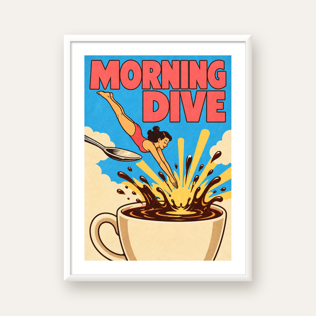 Morning Dive Kahve Fincanına Dalış Pop Art Poster — beyaz çerçeveli dikey poster
