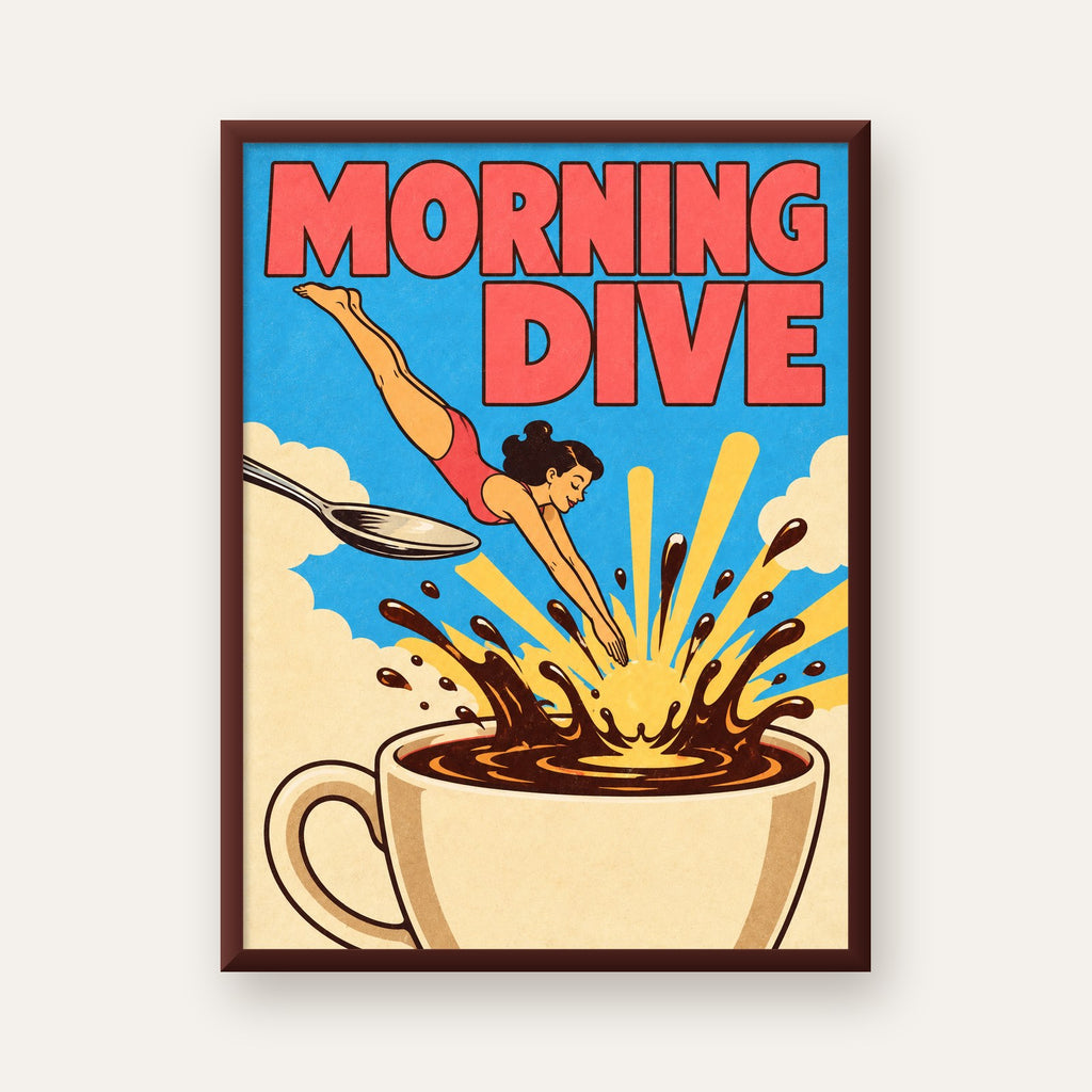 Morning Dive Kahve Fincanına Dalış Pop Art Poster — ceviz çerçeveli