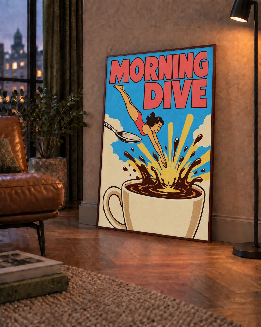 Morning Dive Kahve Fincanına Dalış Pop Art Poster — çerçeveli hâliyle bir ev duvarında