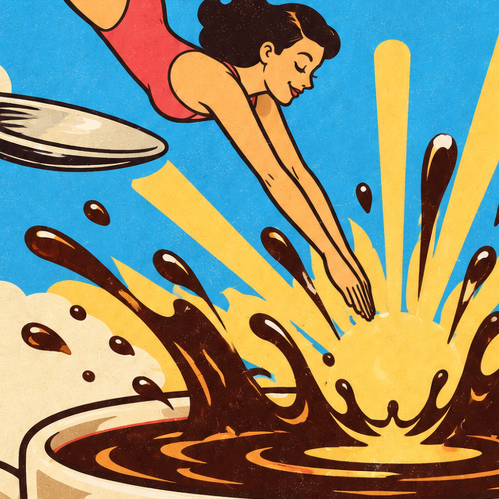 Morning Dive: Retro Kadın ve Kahve Sabahı Poster — baskının yakın çekimi, kâğıt dokusu ve renk detayı
