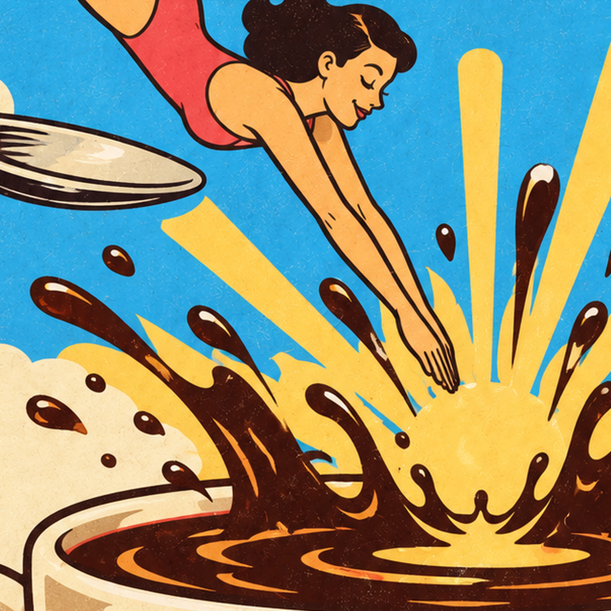 Morning Dive: Retro Kadın ve Kahve Sabahı Poster — baskının yakın çekimi, kâğıt dokusu ve renk detayı