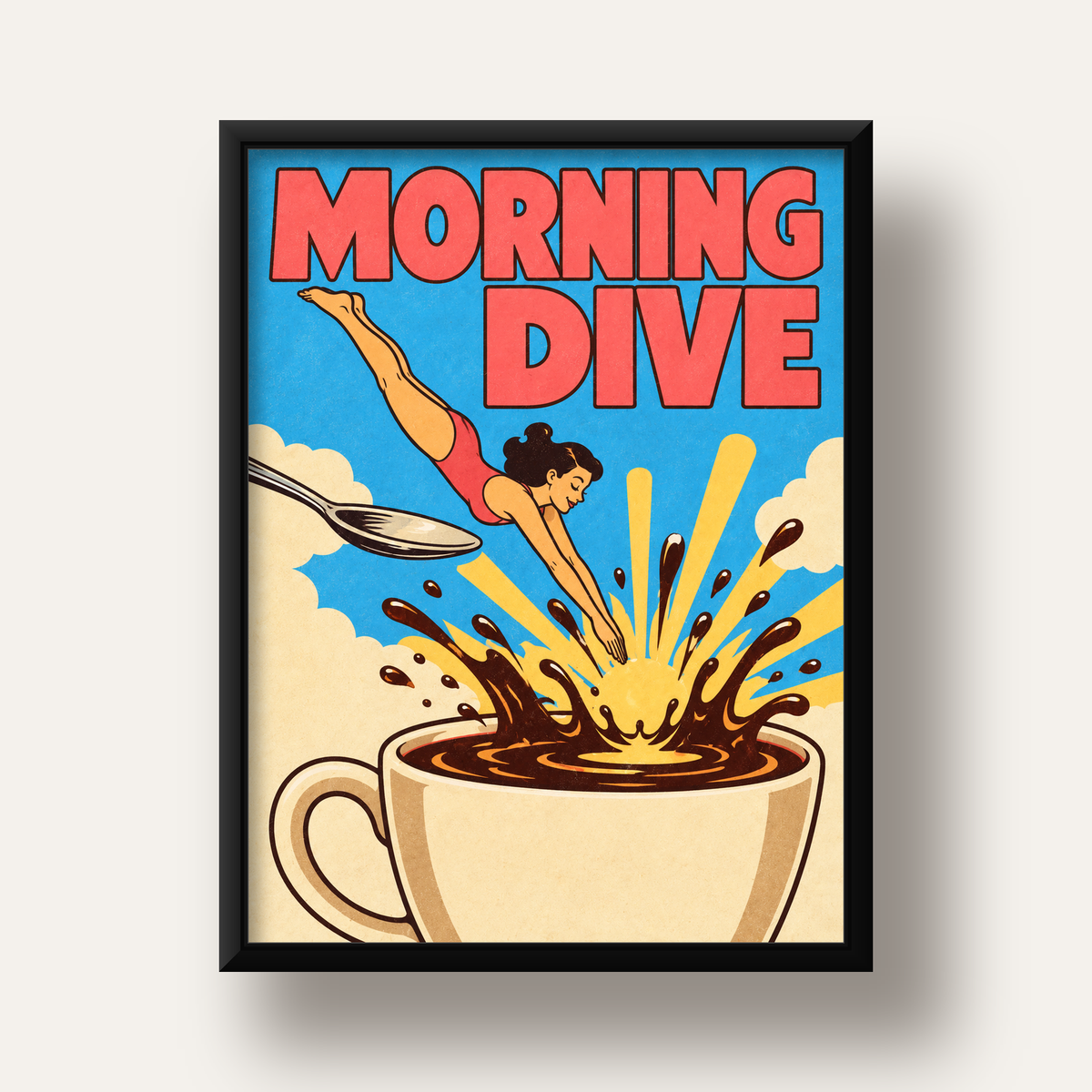 Morning Dive Kahve Fincanına Dalış Pop Art Poster — siyah derin çerçeveli