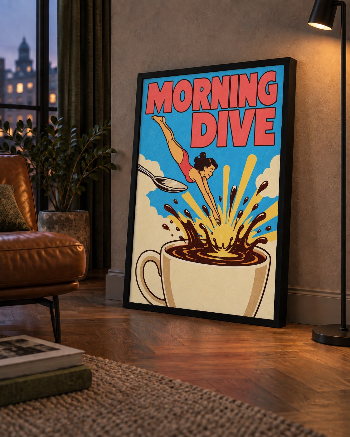 Morning Dive Kahve Fincanına Dalış Pop Art Poster — çerçeveli hâliyle bir ev duvarında