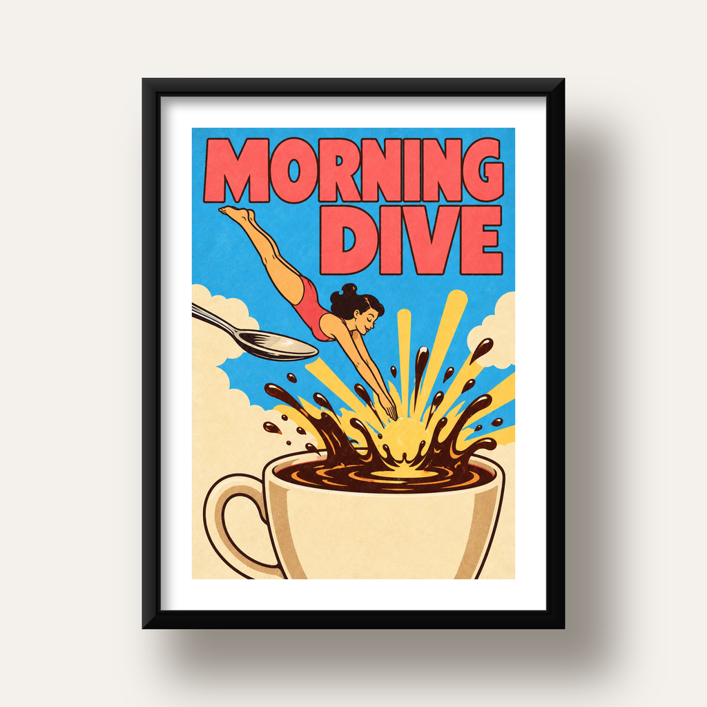 Morning Dive Kahve Fincanına Dalış Pop Art Poster — siyah derin çerçeveli paspartulu