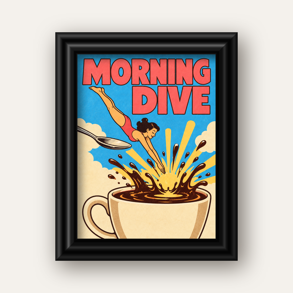 Morning Dive Kahve Fincanına Dalış Pop Art Poster — siyah galeri çerçeveli