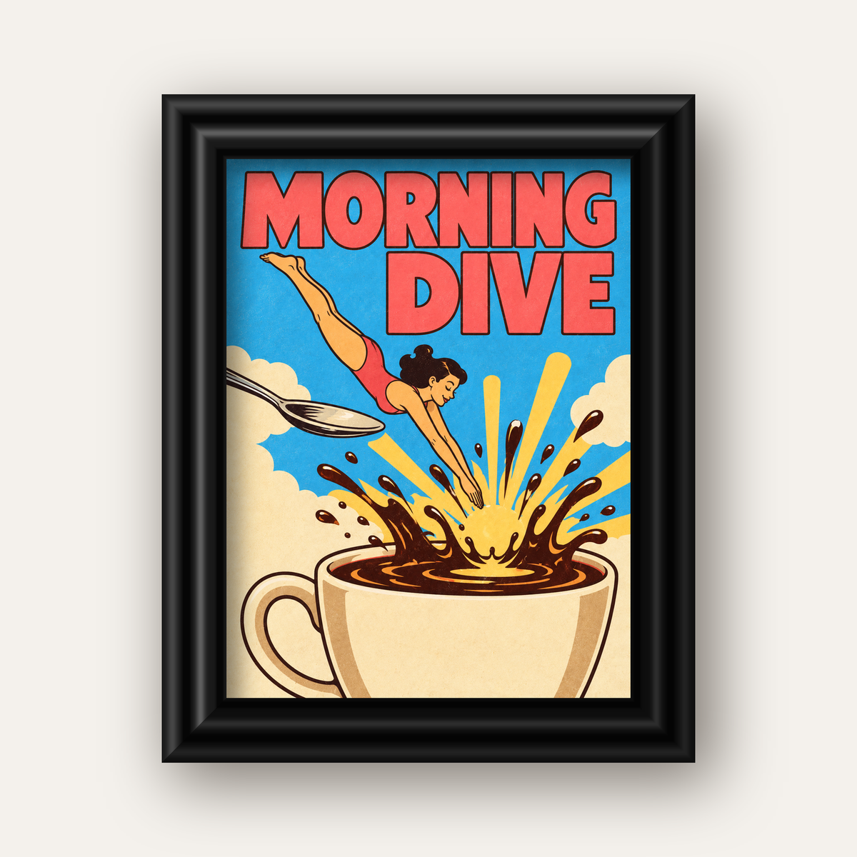 Morning Dive Kahve Fincanına Dalış Pop Art Poster — siyah galeri çerçeveli