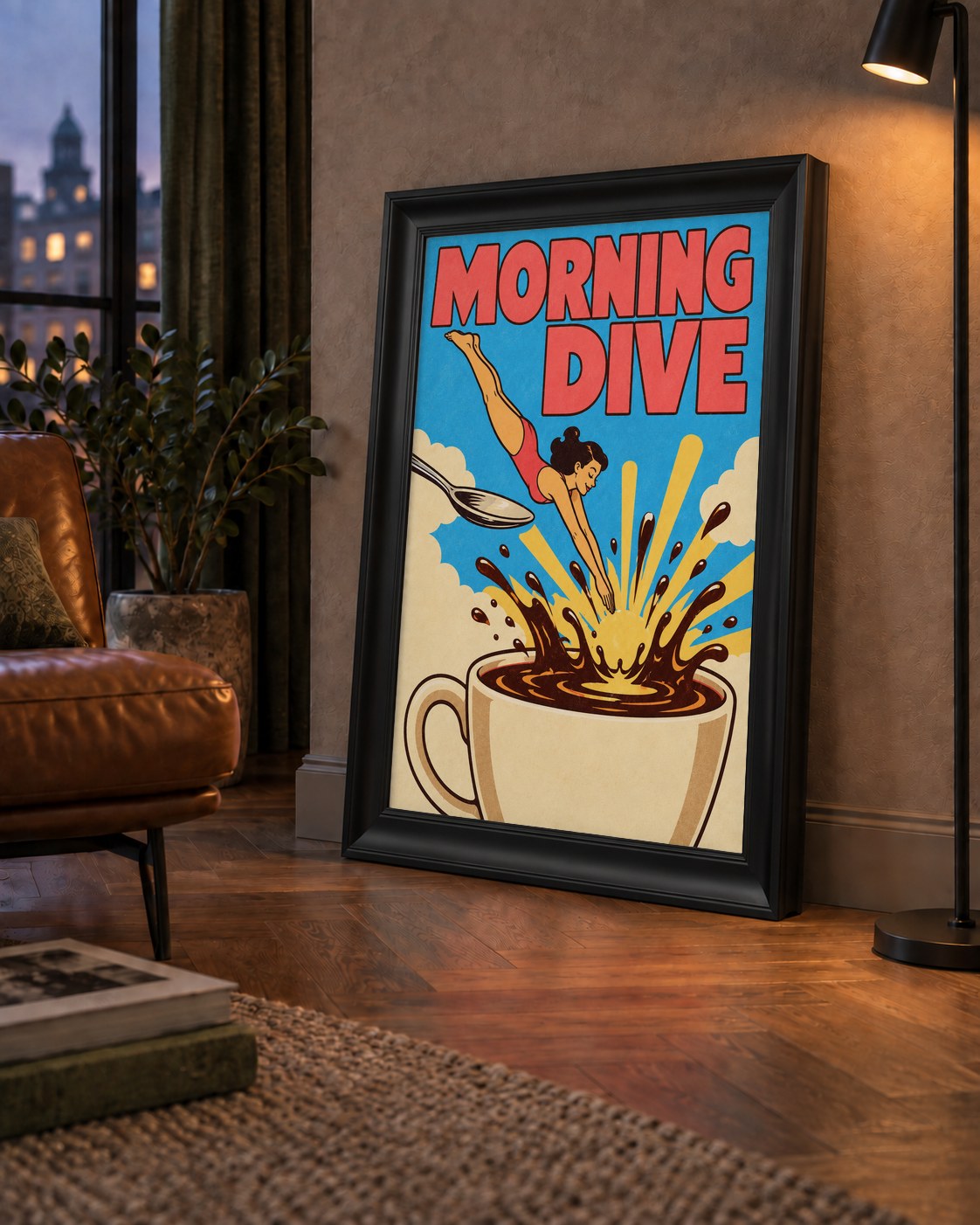 Morning Dive Kahve Fincanına Dalış Pop Art Poster — çerçeveli hâliyle bir ev duvarında