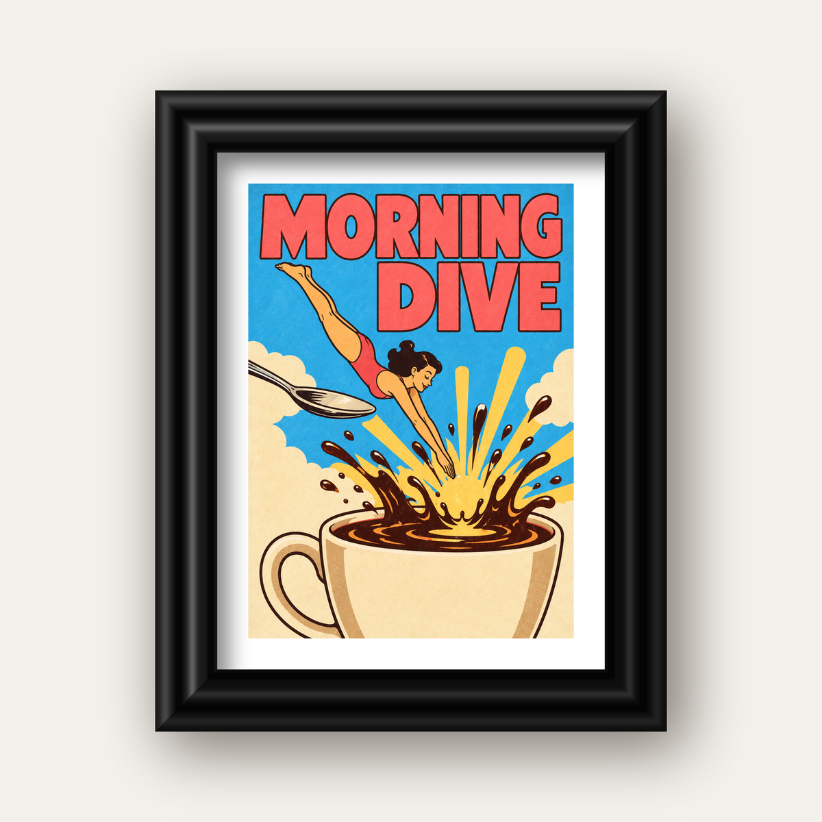 Morning Dive Kahve Fincanına Dalış Pop Art Poster — siyah galeri çerçeveli paspartulu