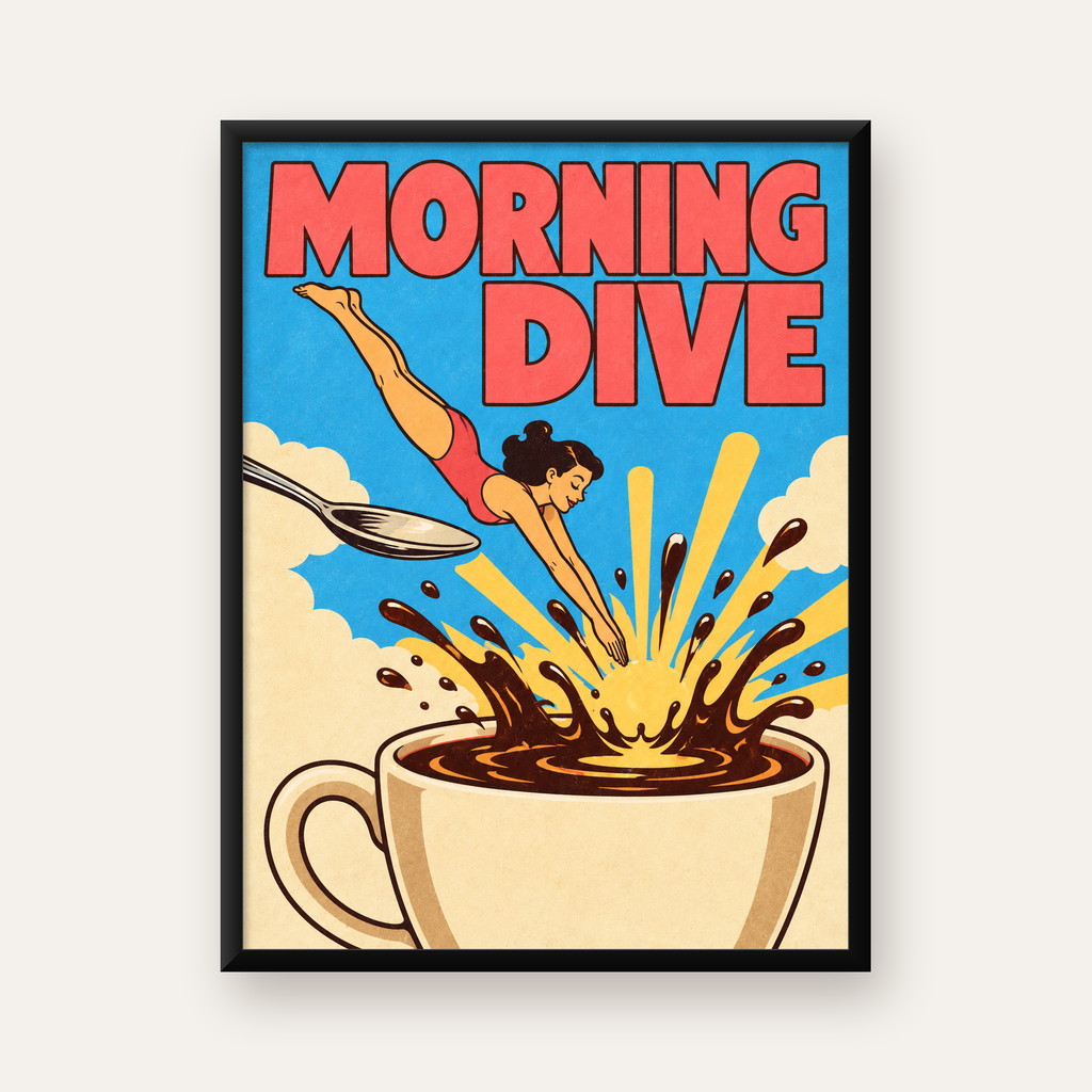 Morning Dive: Retro Kadın ve Kahve Sabahı Poster — Dikey baskı, düz siyah çerçeveli duvar posteri