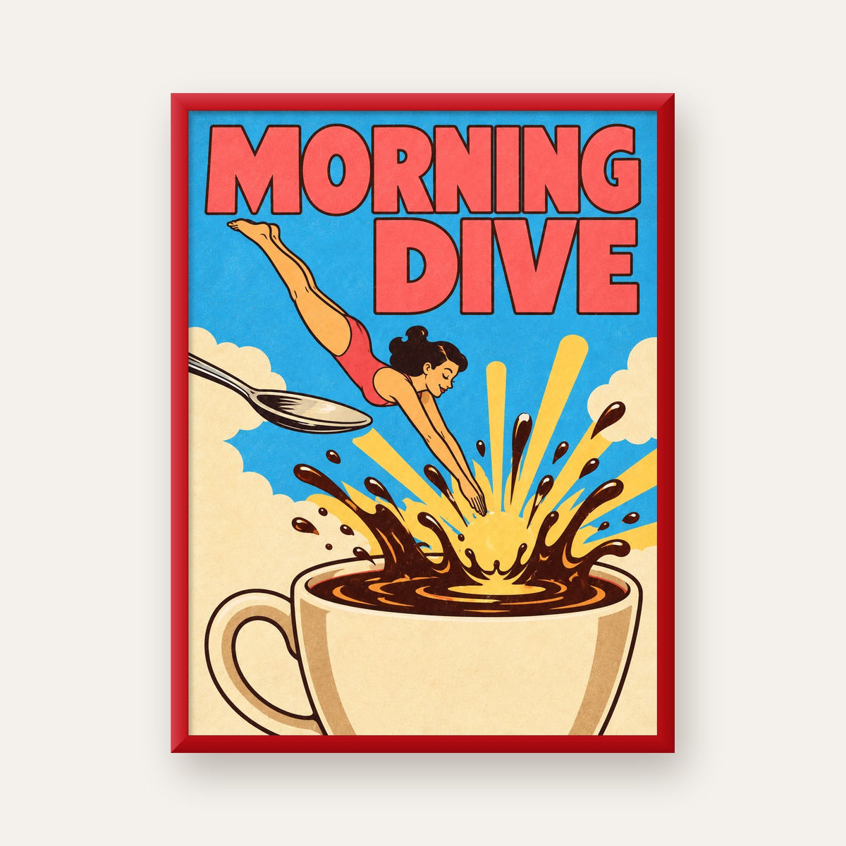 Morning Dive Kahve Fincanına Dalış Pop Art Poster — kırmızı çerçeveli