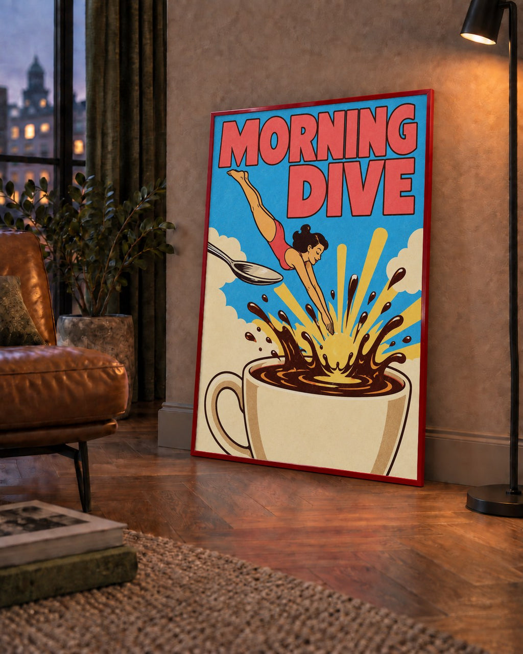 Morning Dive Kahve Fincanına Dalış Pop Art Poster — çerçeveli hâliyle bir ev duvarında