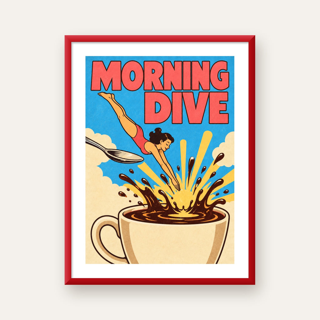 Morning Dive Kahve Fincanına Dalış Pop Art Poster — kırmızı çerçeveli paspartulu