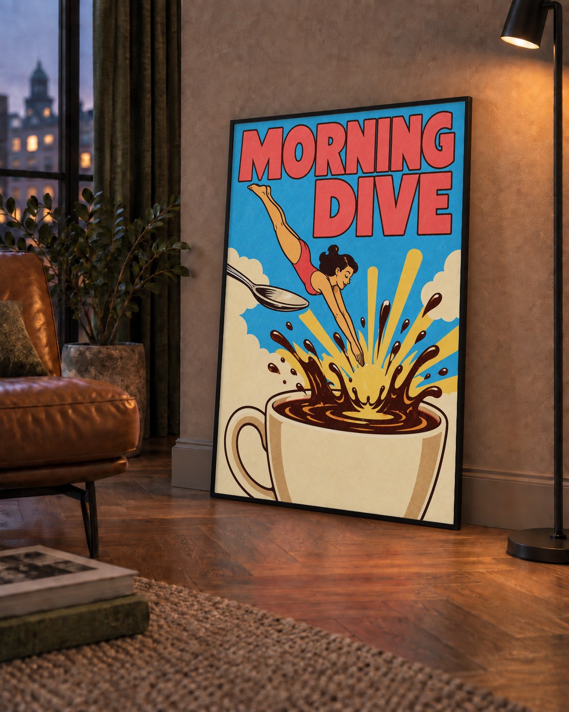 Morning Dive Kahve Fincanına Dalış Pop Art Poster — çerçeveli hâliyle bir ev duvarında