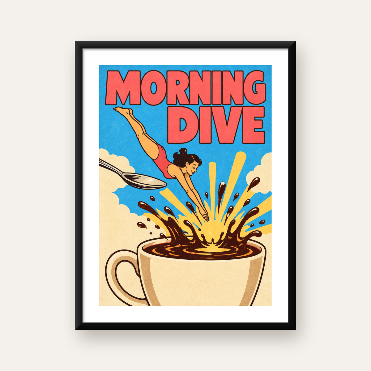 Morning Dive: Retro Kadın ve Kahve Sabahı Poster — Dikey baskı, beyaz kenar boşluklu
