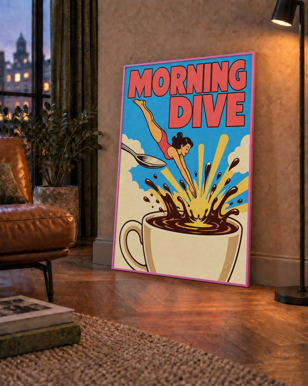 Morning Dive Kahve Fincanına Dalış Pop Art Poster — çerçeveli hâliyle bir ev duvarında