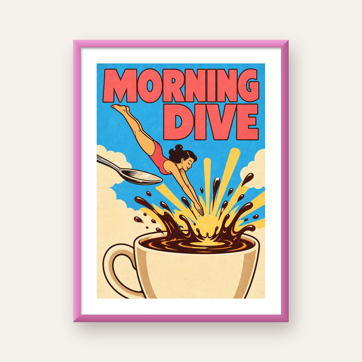 Morning Dive Kahve Fincanına Dalış Pop Art Poster — pembe çerçeveli paspartulu